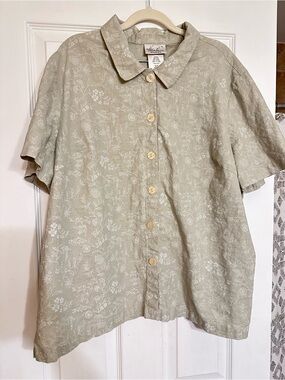 VTG Kathy Lee Linen Cotton Boxy Floral Short Sleeve Button Up 22 Coastal Cottage